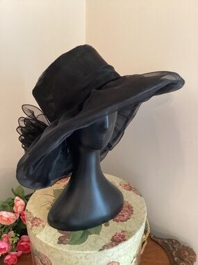 🌹Kentucky derby Tea Party Black Organza Fascinator Sun Hat W/pearl Accented Bow